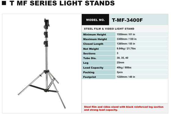 Stand lampu studio baja berkualitas tinggi dengan penyesuaian ketinggian tanpa usaha dan kapasitas beban 30 kg untuk penggunaan profesional