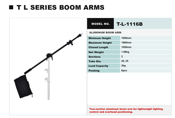 TL Series Aluminium Boom Arm Stand dengan tinggi yang dapat disesuaikan dan desain portabel untuk pencahayaan studio